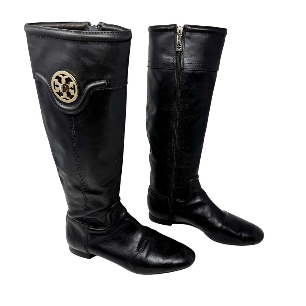Tory Burch Selma Black Leather Knee High Riding Boots Gold Logo Women’s Size 7